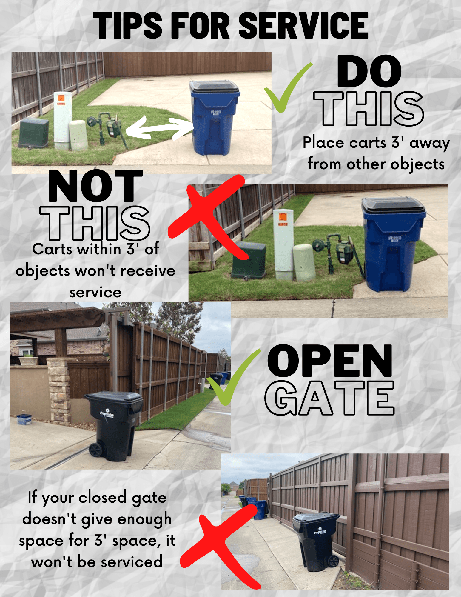 Cart Placement 3' away from all objects including utilities, fences, and gates. open gate if need